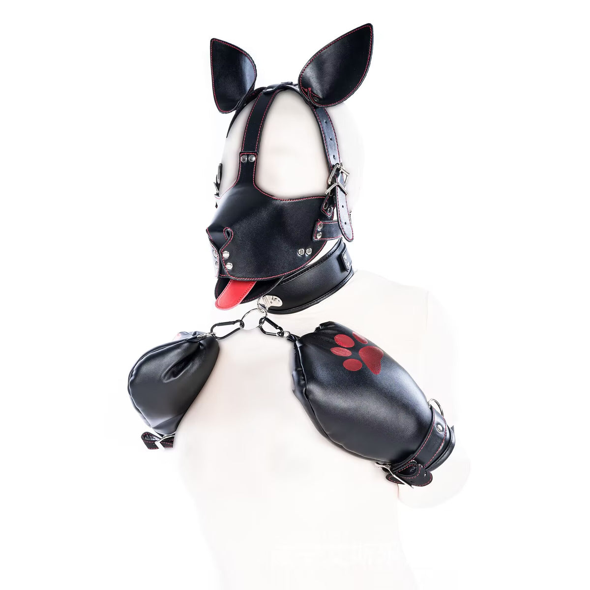 K9 puppy play set showing leather hood mask and red paw print mitts.