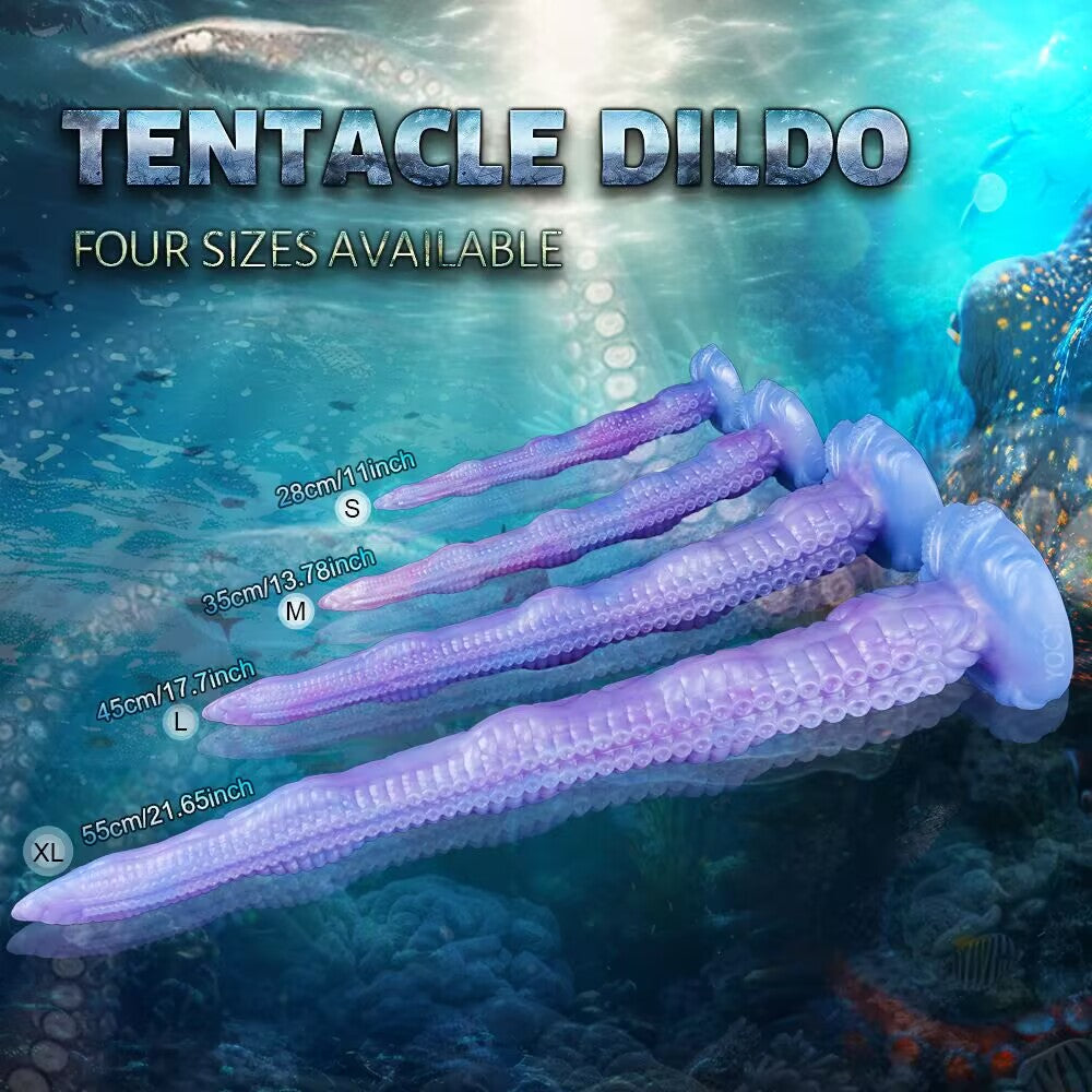 Four different sizes of purple and blue silicone tentacle dildos arranged on an underwater deep-sea monster theme background.