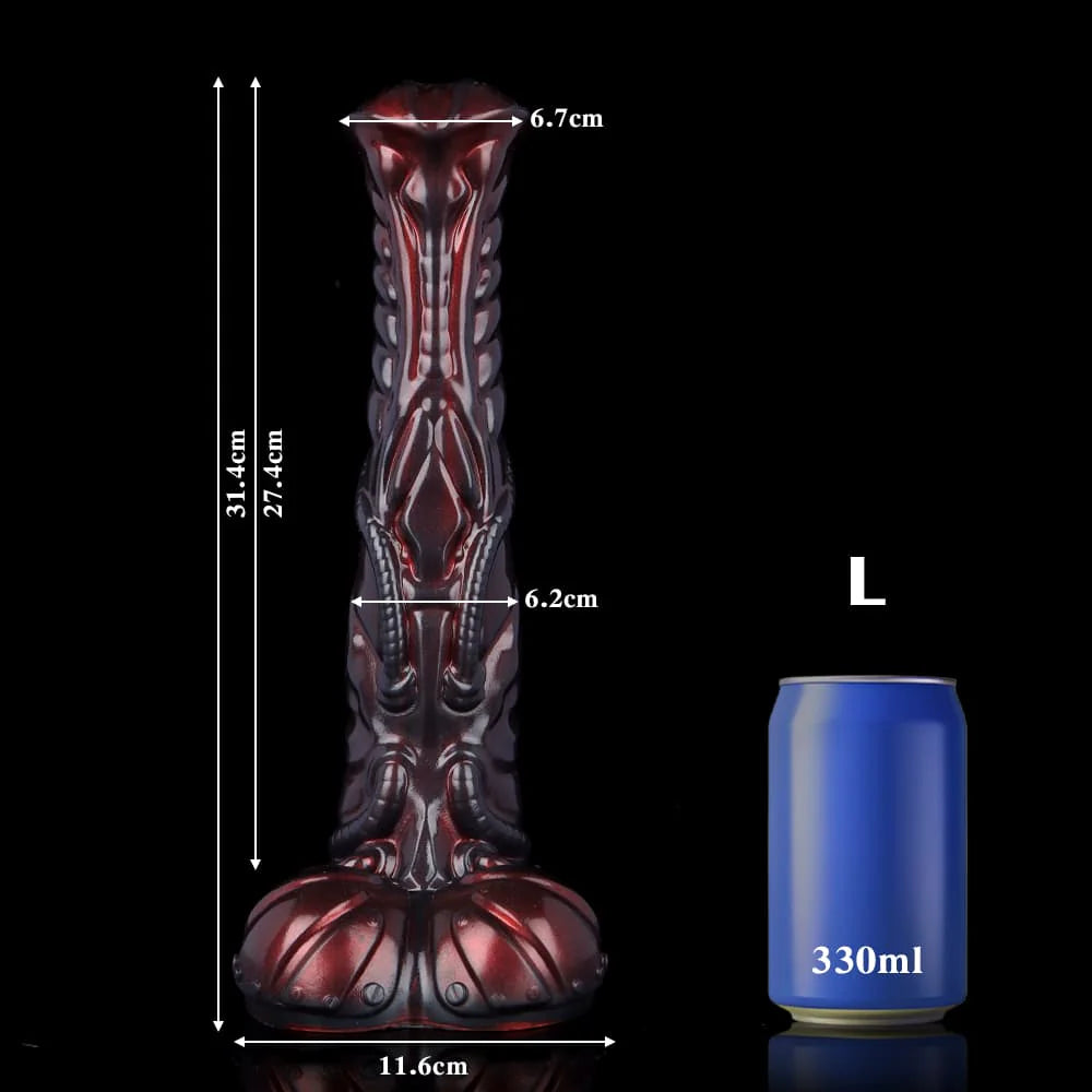 Dimension sheet for the large size biomechanical fantasy dildo, showing a total length of 31.4 cm and width of 6.2 cm.