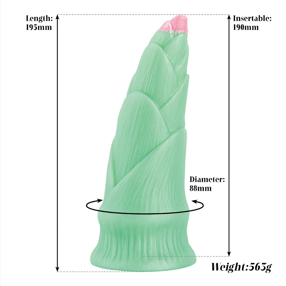 Dimensions diagram for heavy green bamboo shoot silicone anal plug featuring 88mm diameter and 563g weight.