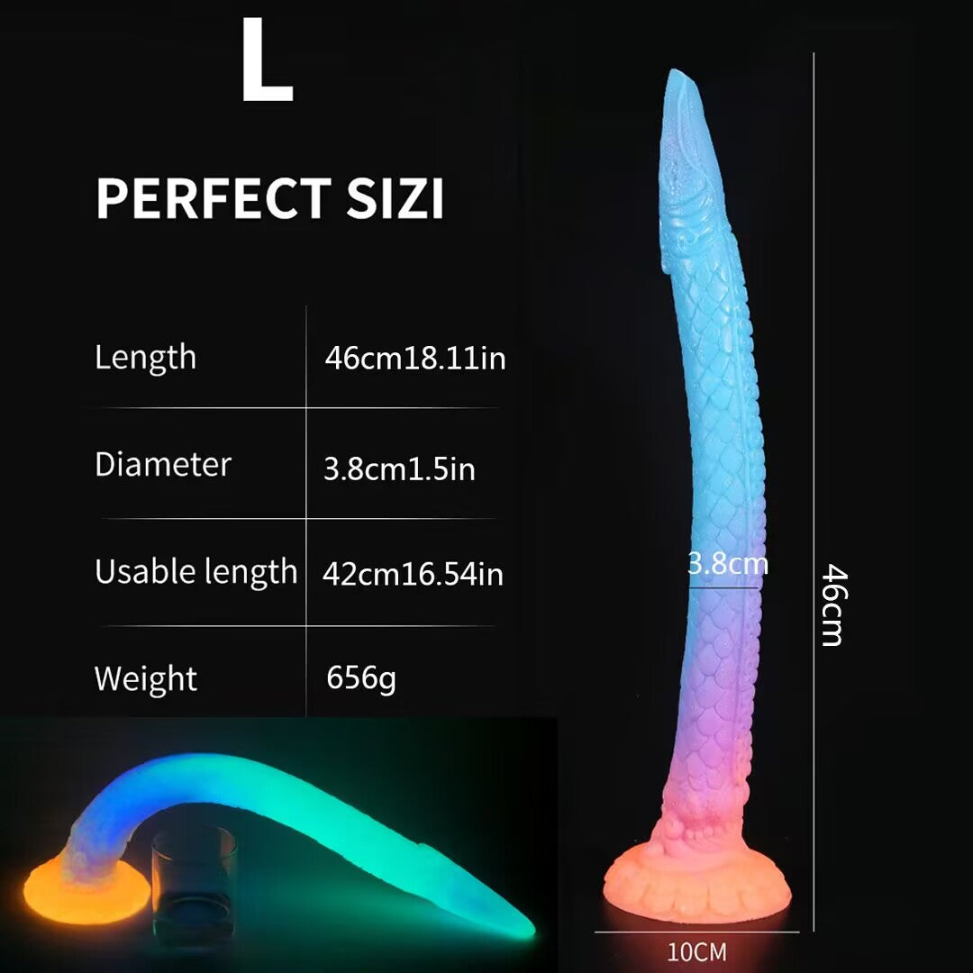 Size Large fantasy creature dildo dimensions diagram showing forty-six centimeters total length and a bright glowing neon green and blue light effect in the dark.