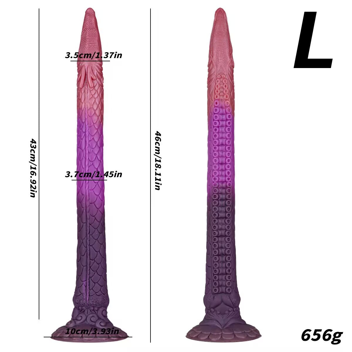 Size Large fantasy creature dildo dimensions diagram showing forty-six centimeters total length and a bright glowing neon green and blue light effect in the dark.