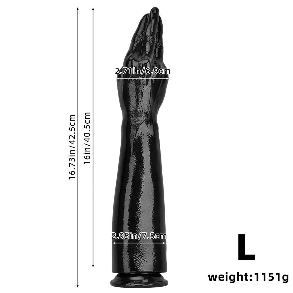 Full measurement diagram for the large size black prayer hand arm toy showing 16.73 inches total length and 1151g weight.
