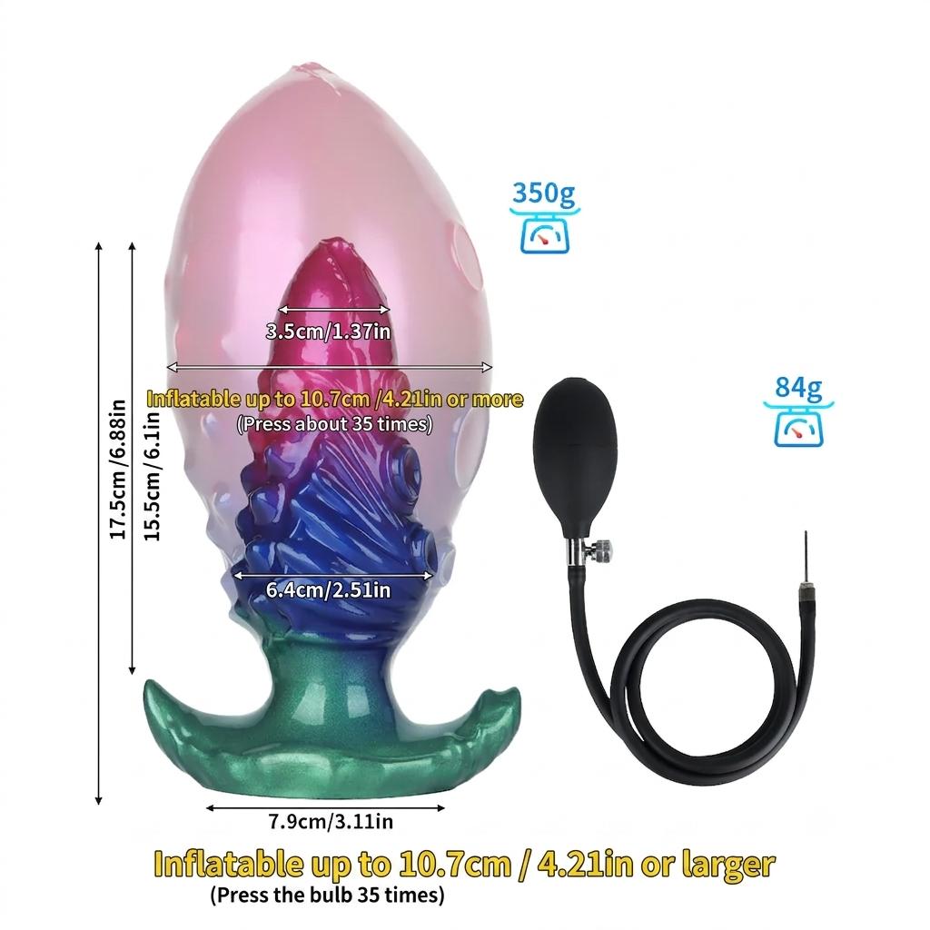 Size and dimension chart for the large inflatable tentacle butt plug, showing a total height of 17.5cm (6.88in), a base width of 7.9cm (3.11in), and expanding from a 6.4cm (2.51in) insertable diameter up to 10.7cm (4.21in) or larger. Weighs 350g.