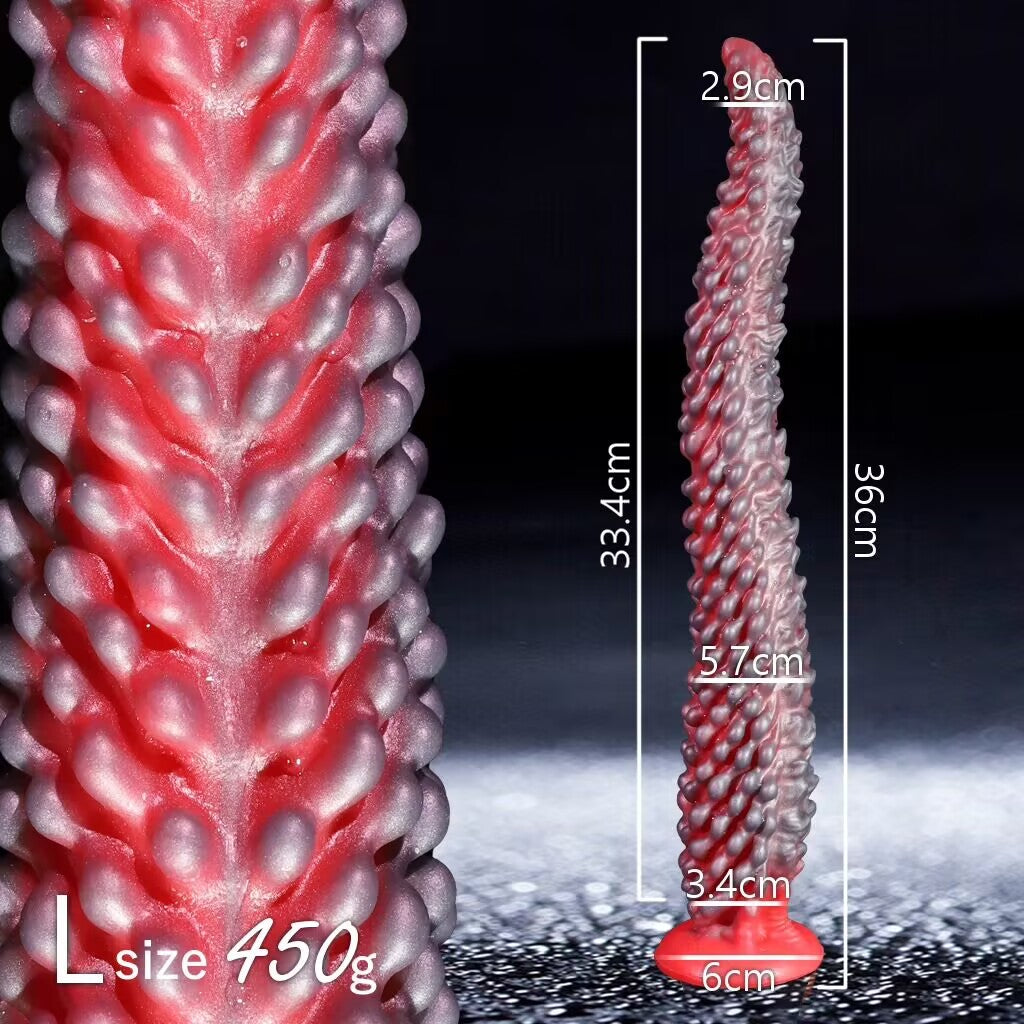 Large size L flexible silicone tentacle dildo dimensions with 36cm total length and 450g weight.