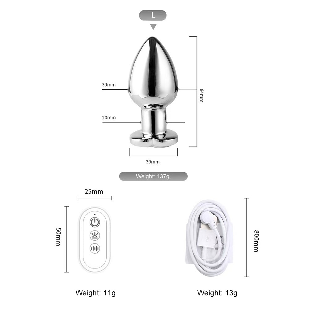 Comprehensive size dimensions for L-size anal plug with remote control weight and USB charging cable length specs.