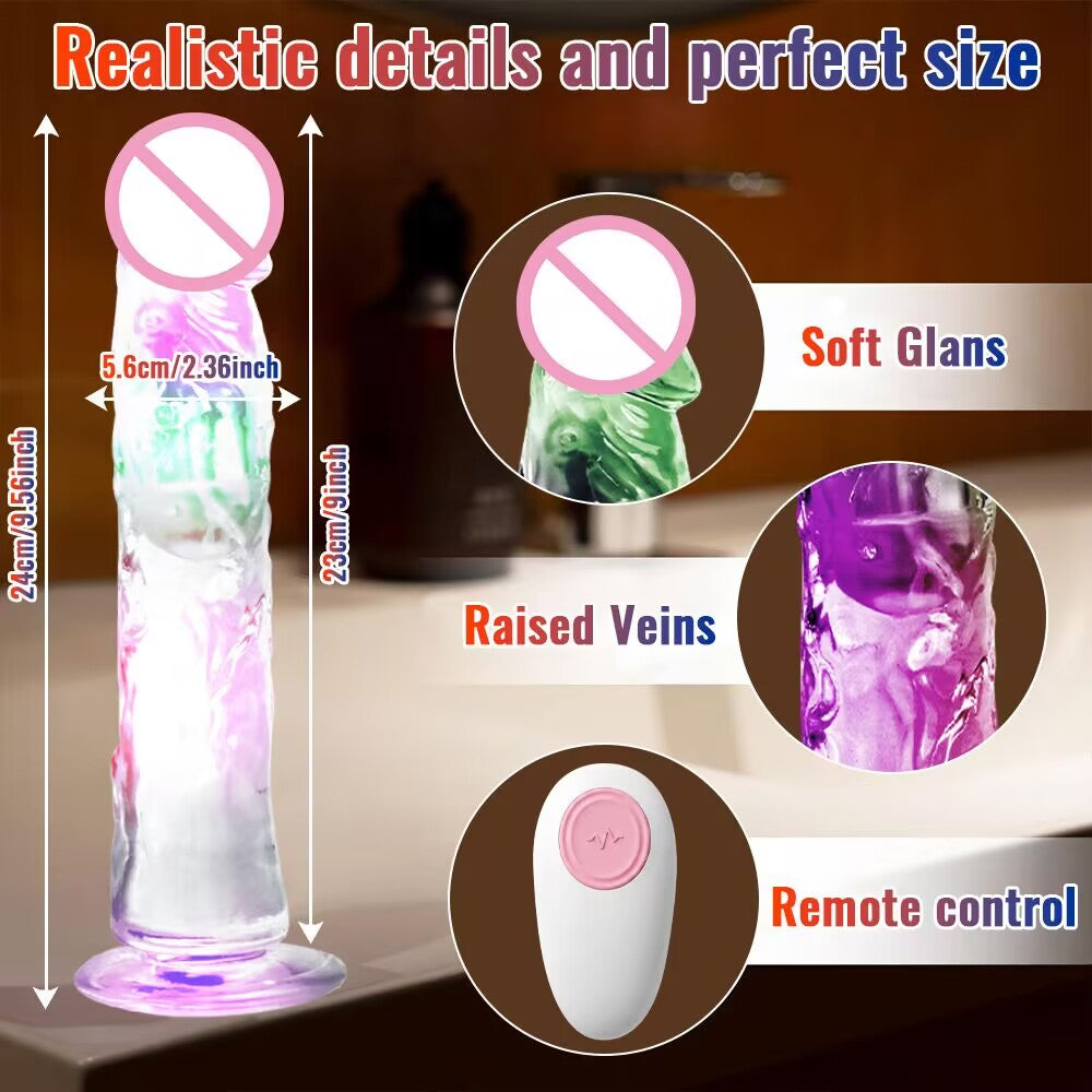 Large size 24cm crystal vibrating dildo showing dimension specifications and realistic surface texture.