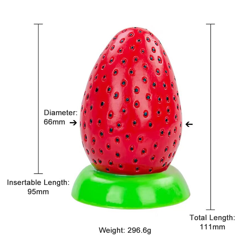 Size diagram for large strawberry shaped silicone butt plug with flared green base, showing 111mm length and 66mm diameter.
