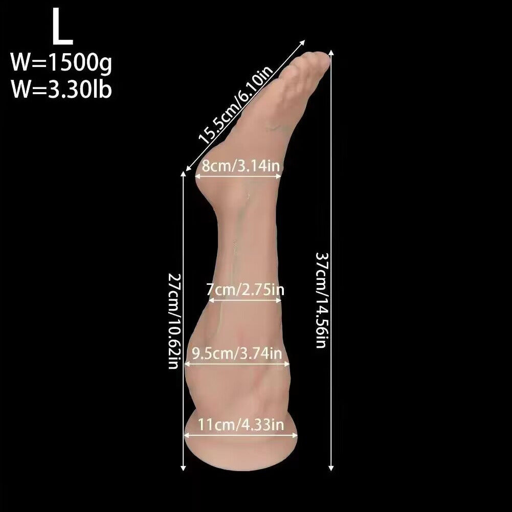 Size L silicone foot anal dilator dimension map detailing 37cm overall height and 1500g weight.