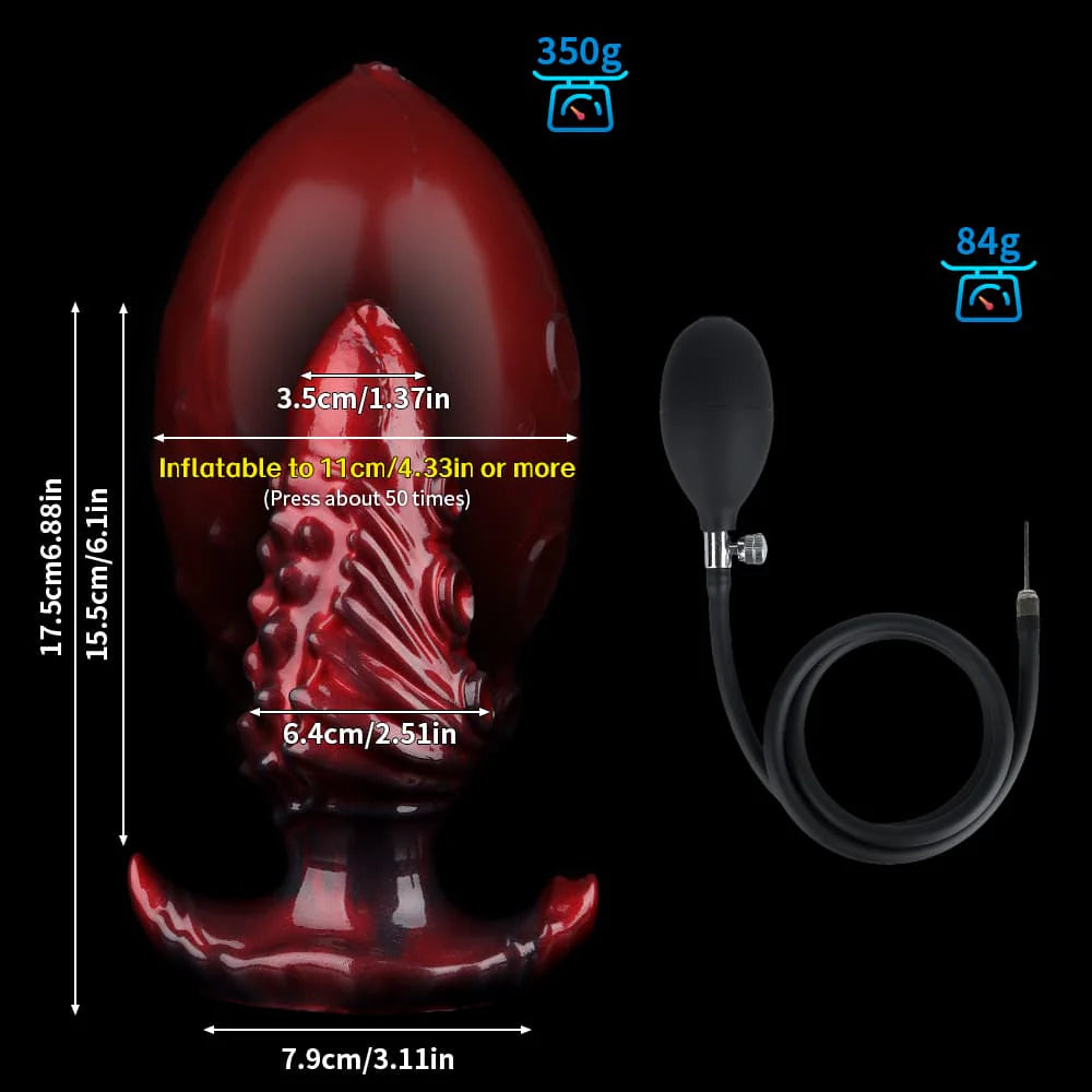Size Large measurement chart for the inflatable tentacle dildo, showing a total height of 17.5cm and an inflation limit of 11cm or more.