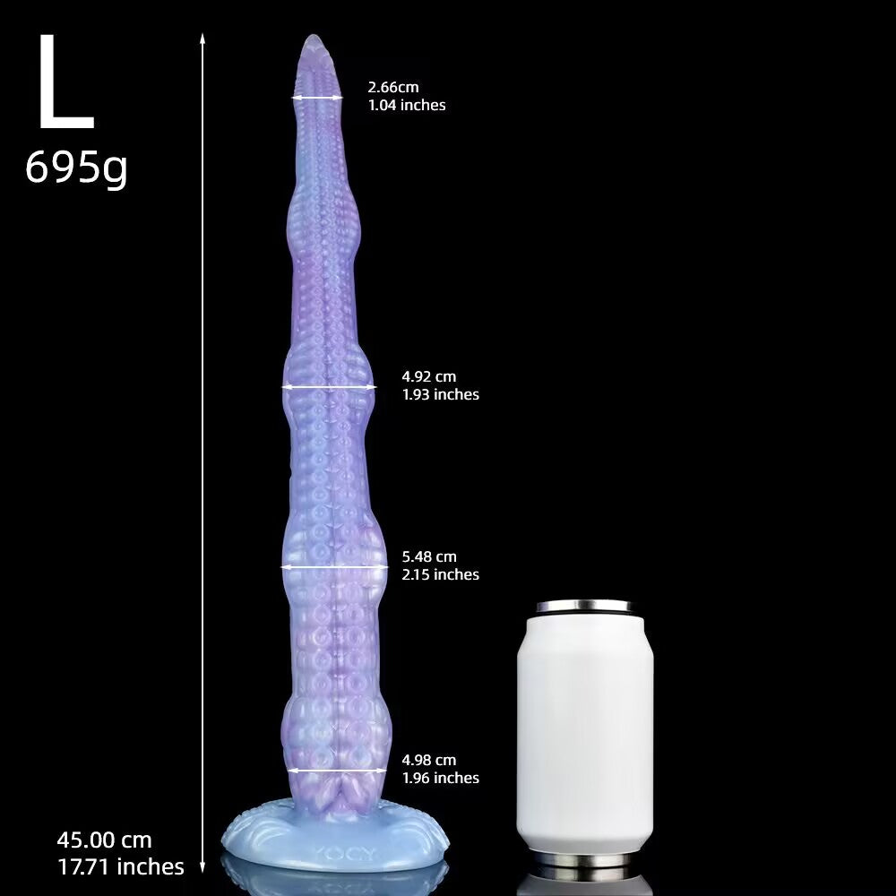 Size L heavy fantasy tentacle toy measuring 45cm in length, displaying shaft thickness parameters next to a comparison white can.