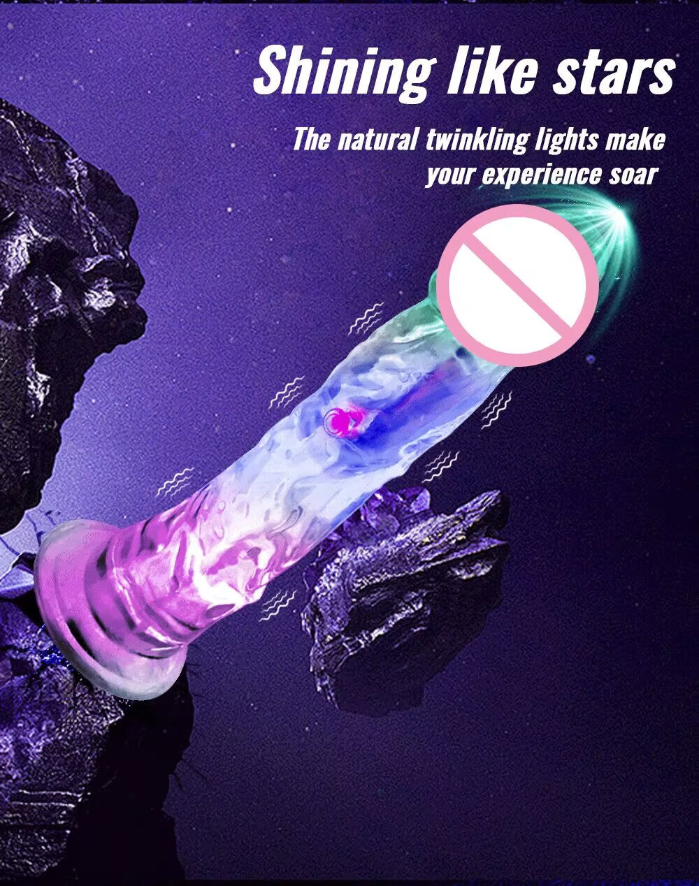 Close-up of LED light sparkling inside the crystal textured body of the vibrating dildo.
