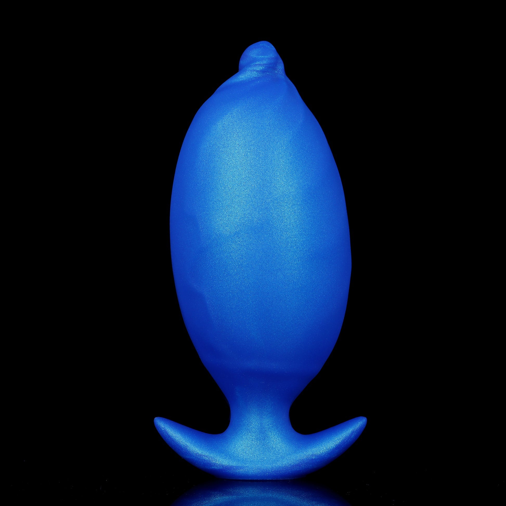 A sleek sapphire blue inflatable anal plug with a liquid satin metallic finish, standing upright to display its seamless premium construction.