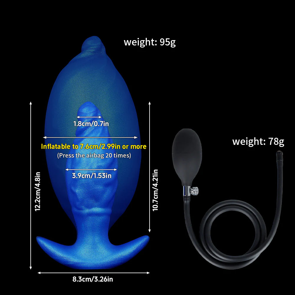 Size specification chart for the sapphire blue inflatable butt plug showing dimensions: 12.2cm total length, 3.9cm initial width, and expanding up to 7.6cm (2.99in) after 20 bulb presses.
