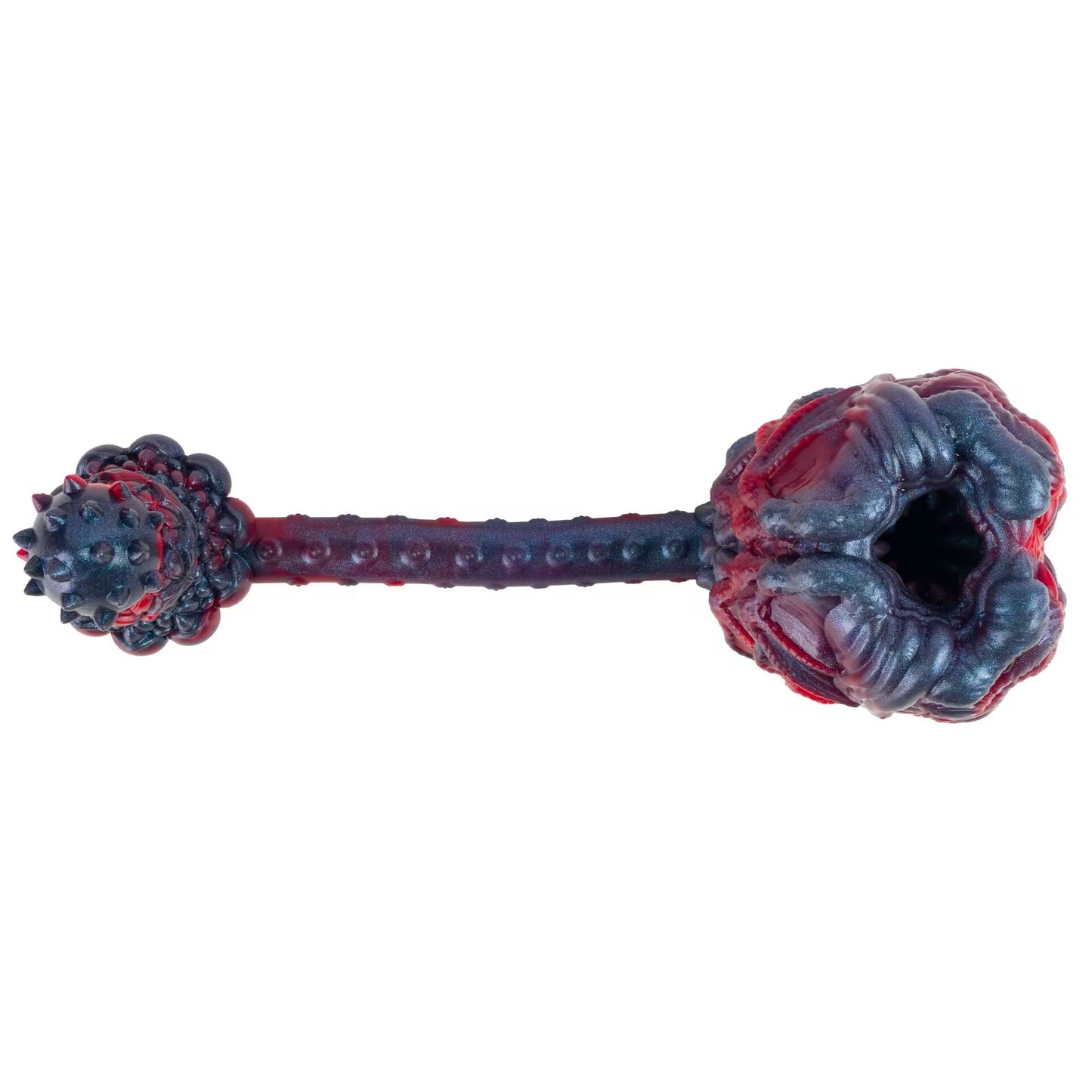 Top-down alignment view of the liquid silicone fantasy adult novelty highlighting the seamless textured tunnel and granular non-slip surface.