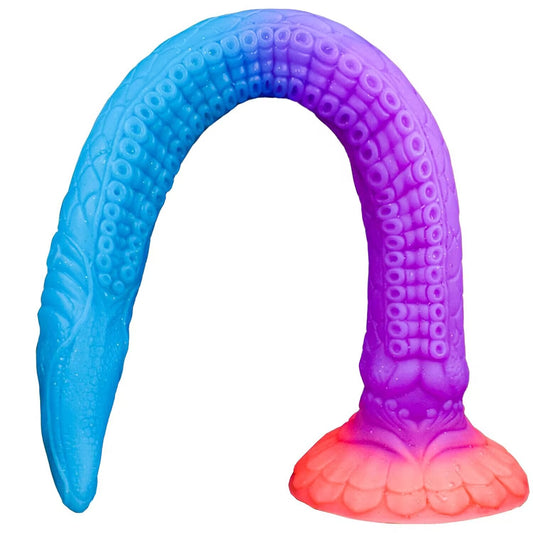 Studio product shot of a curved fantasy alien tentacle dildo with blue, purple, and pink gradient colors, featuring detailed suction cups and a strong base.