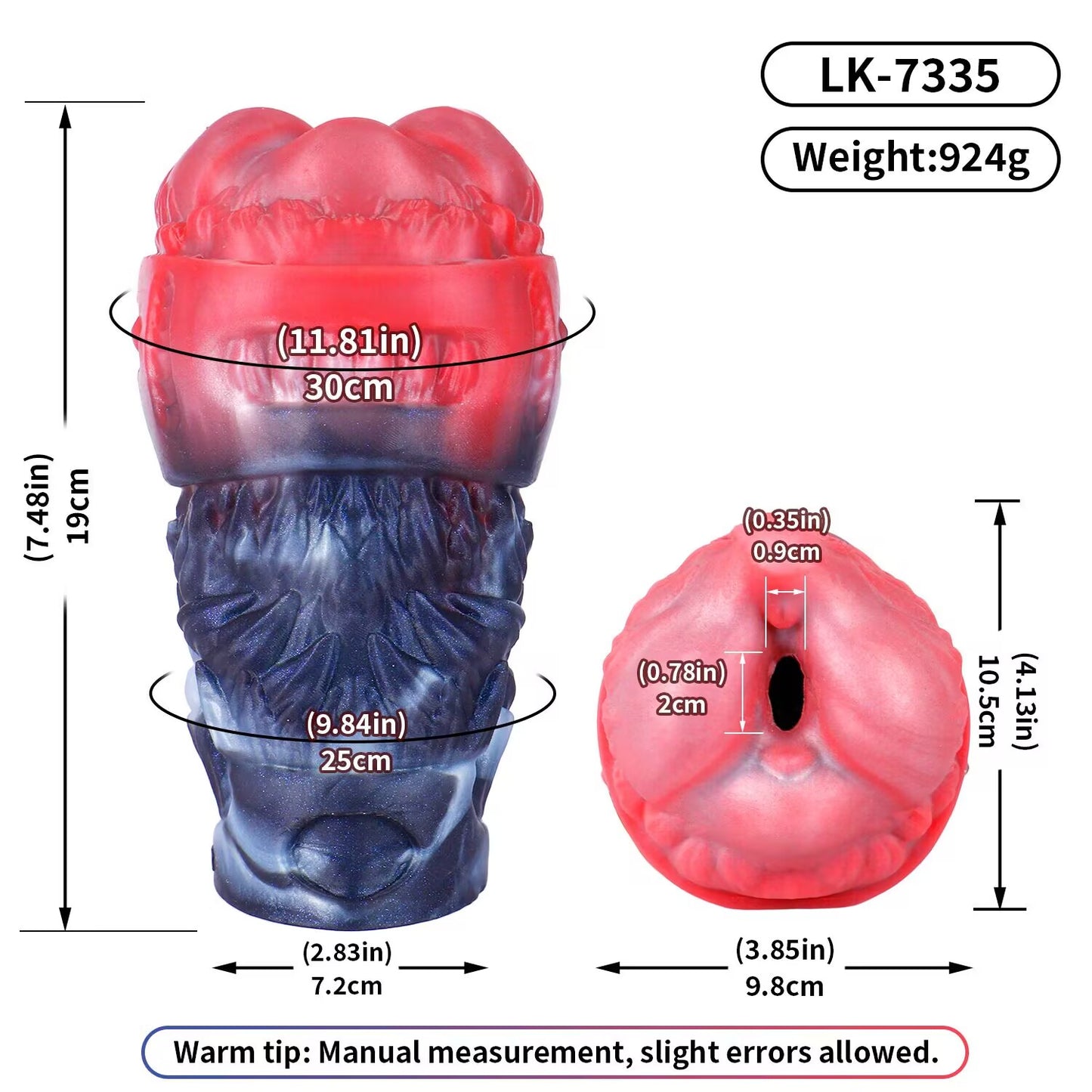 Detailed dimension and weight specification chart for LK-7335 Shadow Wolf Den male masturbator weighing 924 grams.