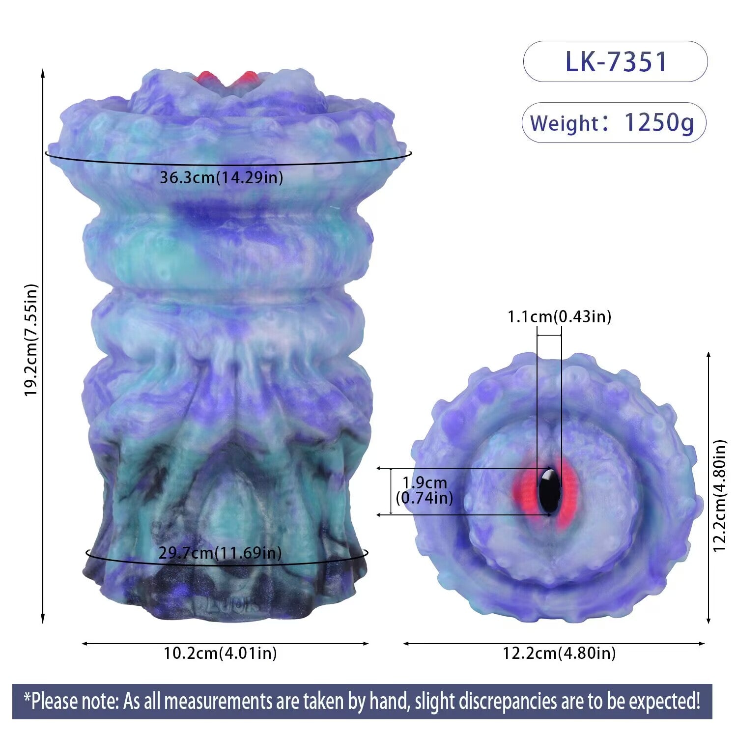 Detailed size measurement guide for LK-7351 tentacle male masturbator sleeve showing 7.55 inch height.