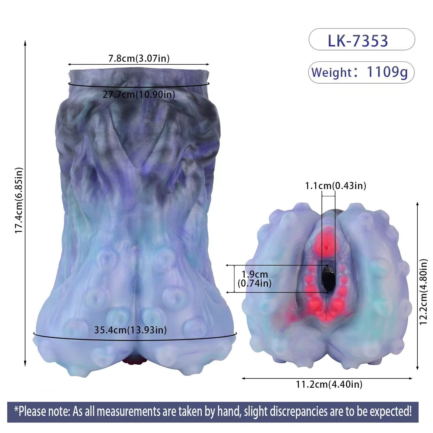 Size specification guide for LK-7353 falling star tentacles male masturbator sleeve weighing 1109 grams.