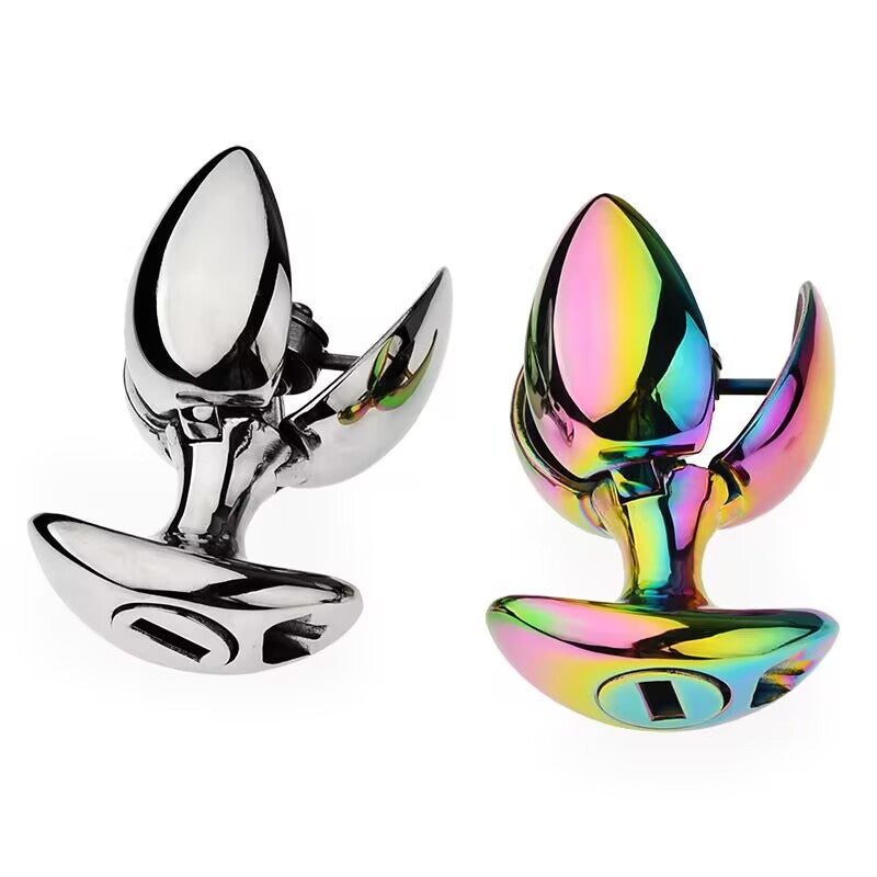 Lockable expanding metal blossom plug shown in polished silver and rainbow finish options.