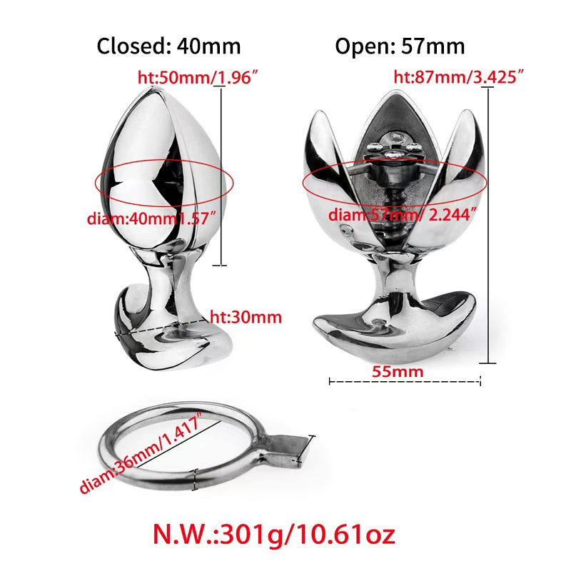 Specification diagram showing 40mm closed diameter, 57mm expanded diameter, and 301g weight of lockable metal plug.