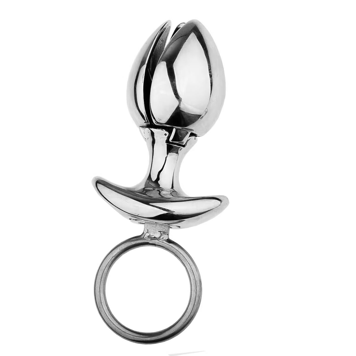 Upright silver lockable metal plug in closed position equipped with bottom auxiliary ring pull.