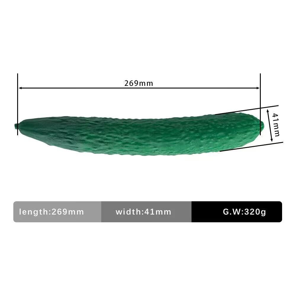 Size specification map for long green cucumber silicone dildo showing 269mm length and 41mm diameter.