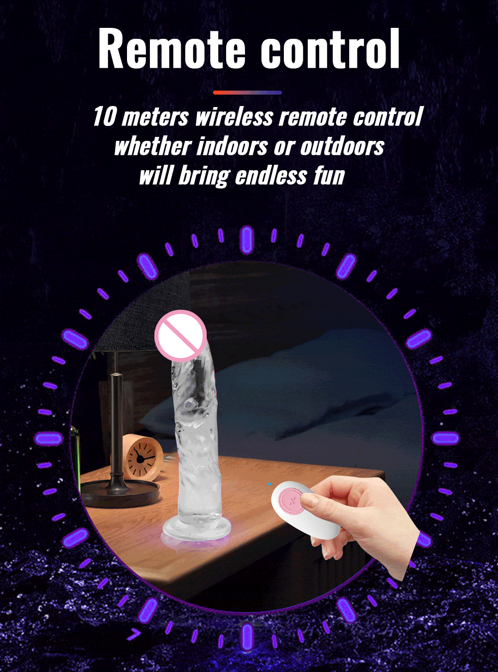 Hand operating a 10-meter range wireless remote control for the crystal glowing vibrating dildo.