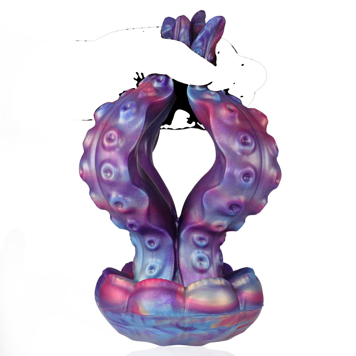 Hand holding a purple and blue pearlescent tentacle fantasy toy for size reference.