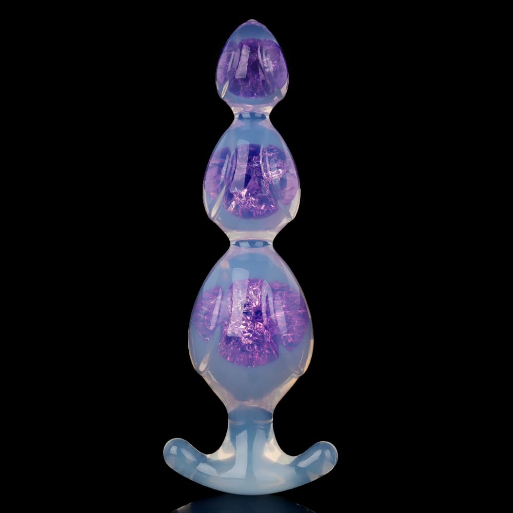 Front view of a luxury purple liquid silicone anal beads plug featuring aesthetic internal crackle texture.
