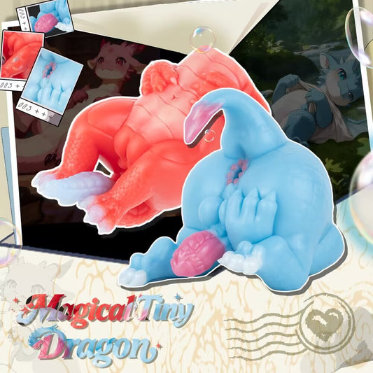 Promotional banner for Magical Tiny Dragon silicone adult toy in Crimson and Azure colors, featuring anthro dragon design for fantasy enthusiasts.