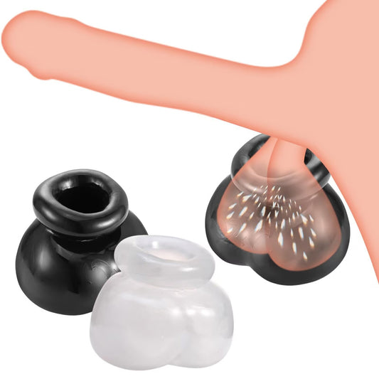 Ergonomic male scrotum support and testicle stretcher sleeve in black and clear silicone showing fit and wearing demonstration