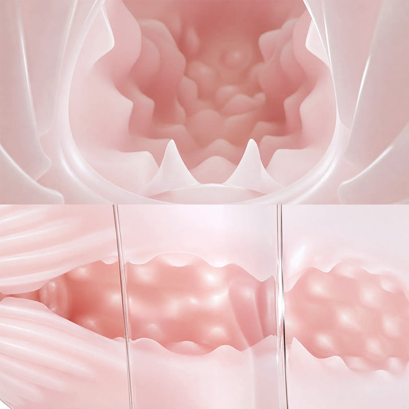 Detailed close-up showing the soft pink internal stimulation tunnel with ribbed teeth and nodule textures for intense sensation.