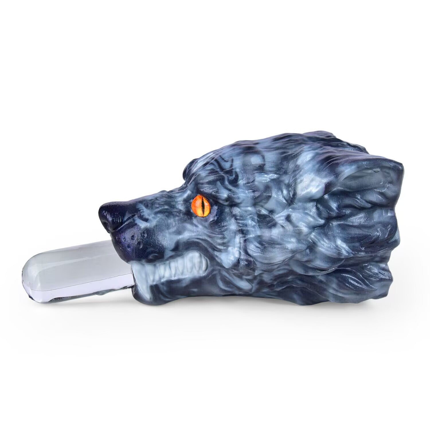 Side profile view of a grey and black marbled silicone wolf head adult toy, showing a detailed orange eye and a clear crystal-like insert extending from the mouth area.