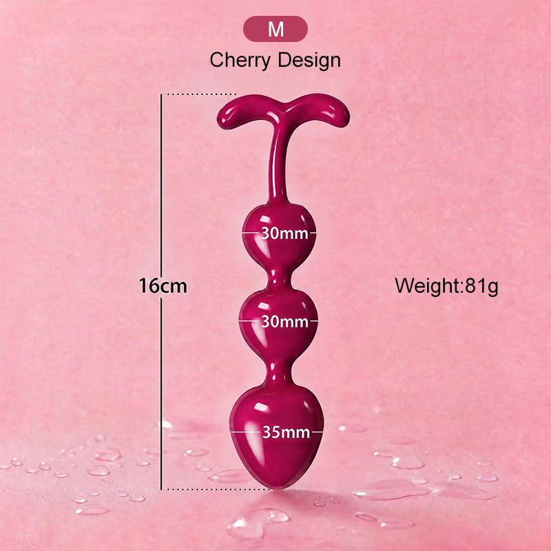 Medium cherry anal trainer dimensions: 16cm length, 81g weight, featuring 30mm and 35mm beads.