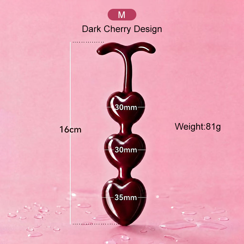Medium dark cherry anal plug trainer measuring 16cm in length with 30mm and 35mm beads.