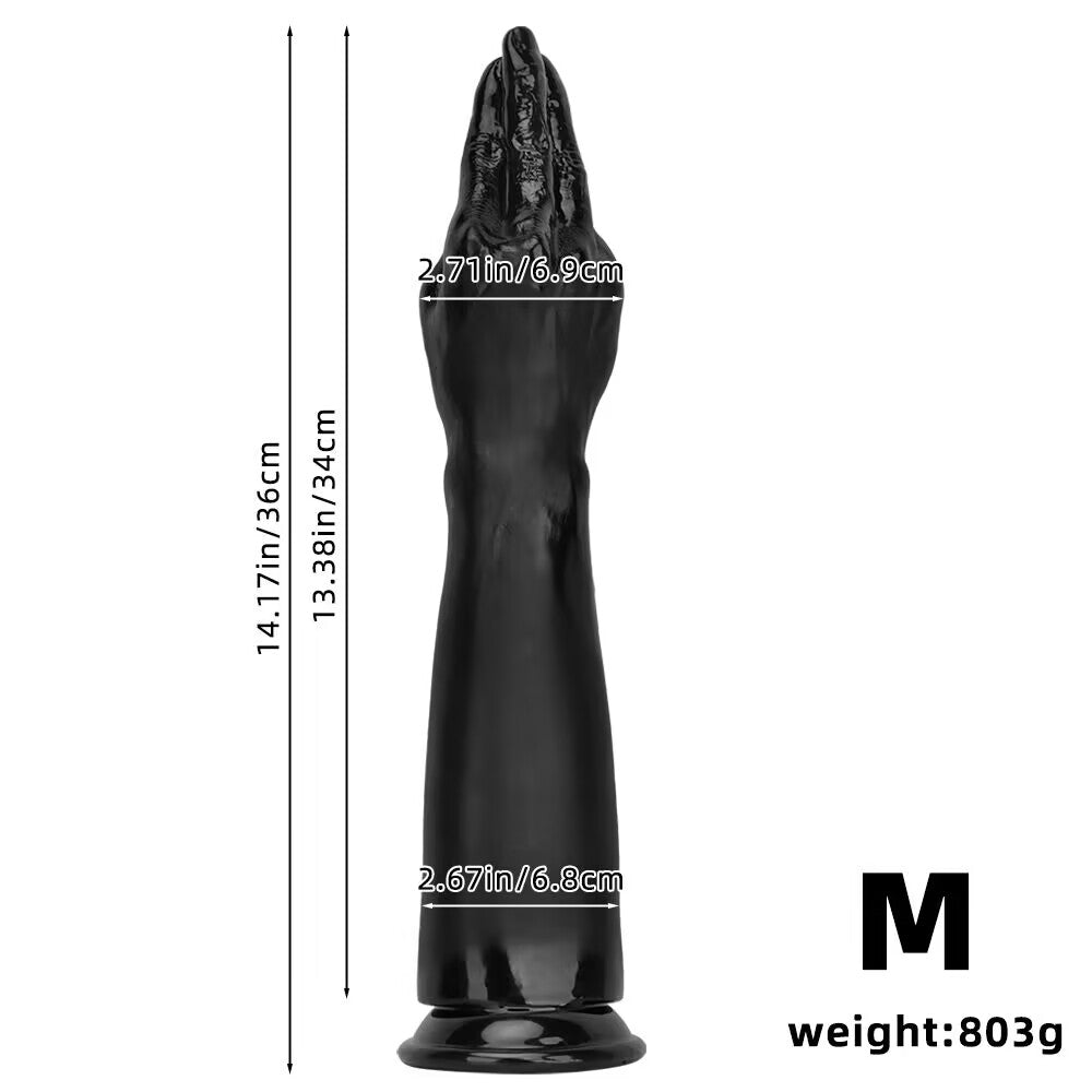 Full measurement diagram for the medium size black prayer hand arm toy showing 14.17 inches total length and 803g weight.