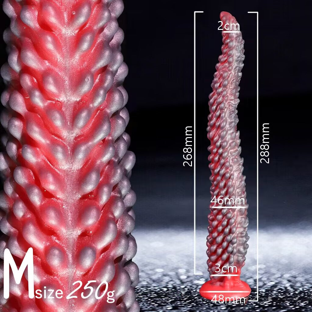Medium size M textured silicone fantasy dildo measurements displaying 288mm overall length and 250g weight.