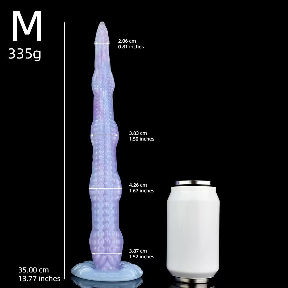 Size M alien tentacle dildo measuring 35cm in length, with detailed diameter dimensions listed next to a standard white can.