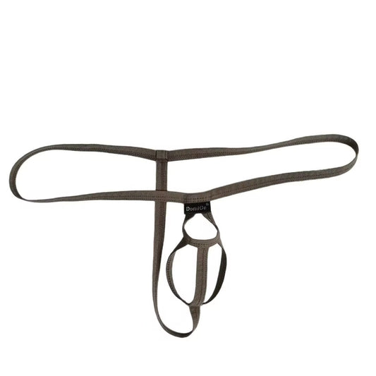 Brown minimalist open-back pouch thong briefs for men with elastic support straps lying flat on a white background.