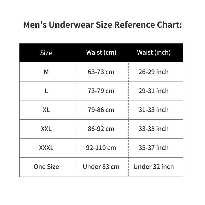 Men’s underwear size reference chart showing waist measurements in centimeters and inches from M to XXXL.