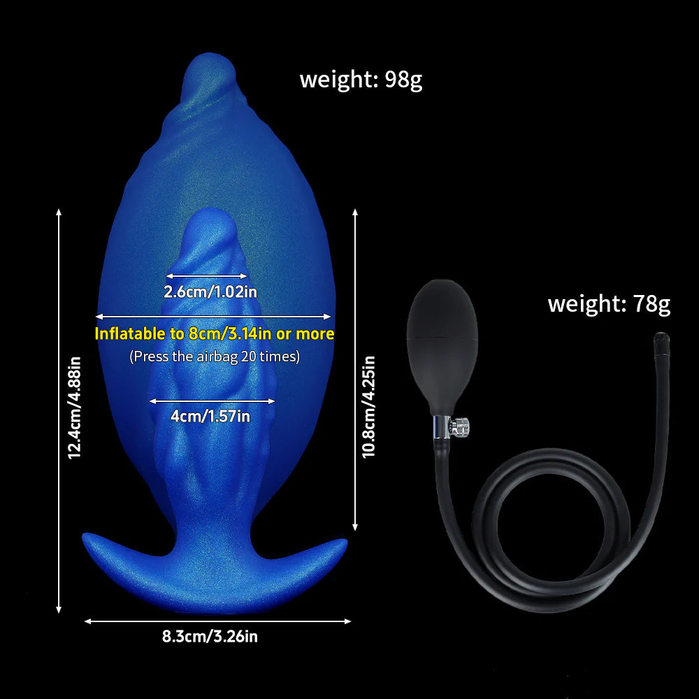 Size chart for the midnight blue inflatable butt plug showing dimensions: 12.4cm total length, 8.3cm flared base, 4cm uninflated width expanding to over 8cm, with a 78g manual hand pump system.