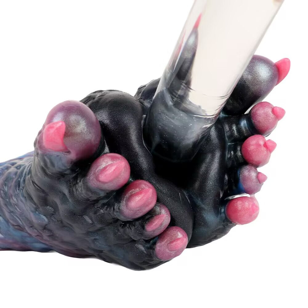 Demonstration of clear rod inserted into tight entry of monster claw masturbation sleeve.
