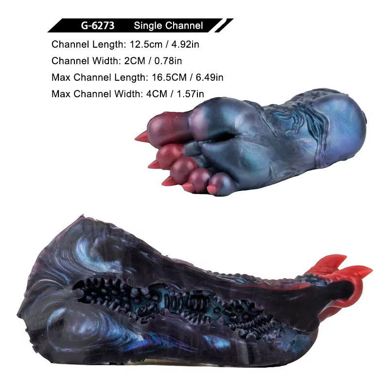 Monster dragon paw male stroker showing inner channel dimensions and internal textures.