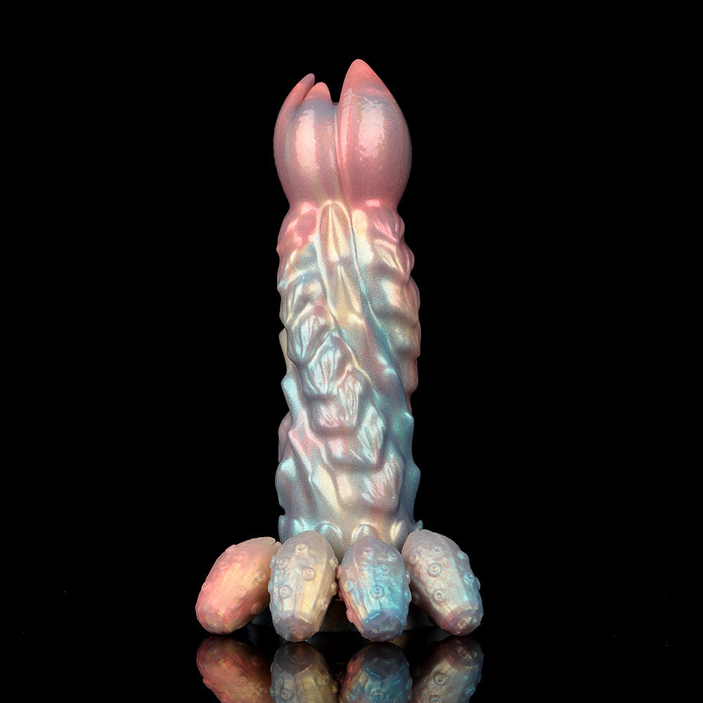 Vertical front view of a pastel iridescent monster fantasy dildo showcasing organic alien ridges, a petal-shaped tip, and four textured monster eggs lined at the base on a black background.