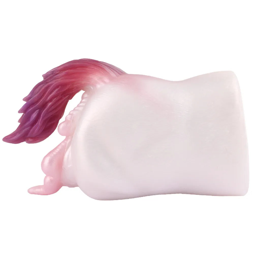 Left side view of the high-quality monster girl fantasy silicone stroker for men with a pink-to-purple gradient tail.