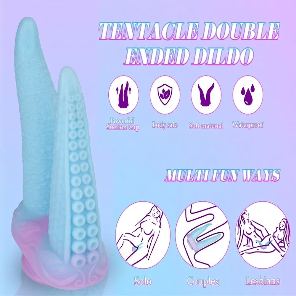 Infographic of the pastel blue tentacle double ended dildo showcasing body-safe material, waterproof features, and solo, couples, and lesbian positions.