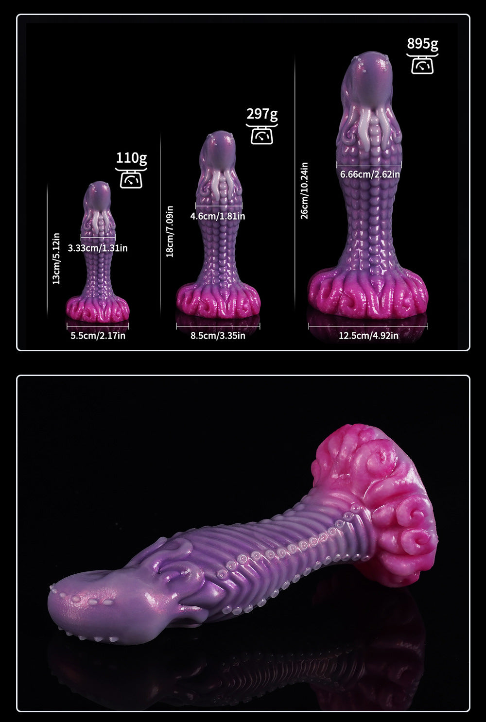 Dimension specifications and weight for Moon Kraken creature toy, showing multiple sizes.
