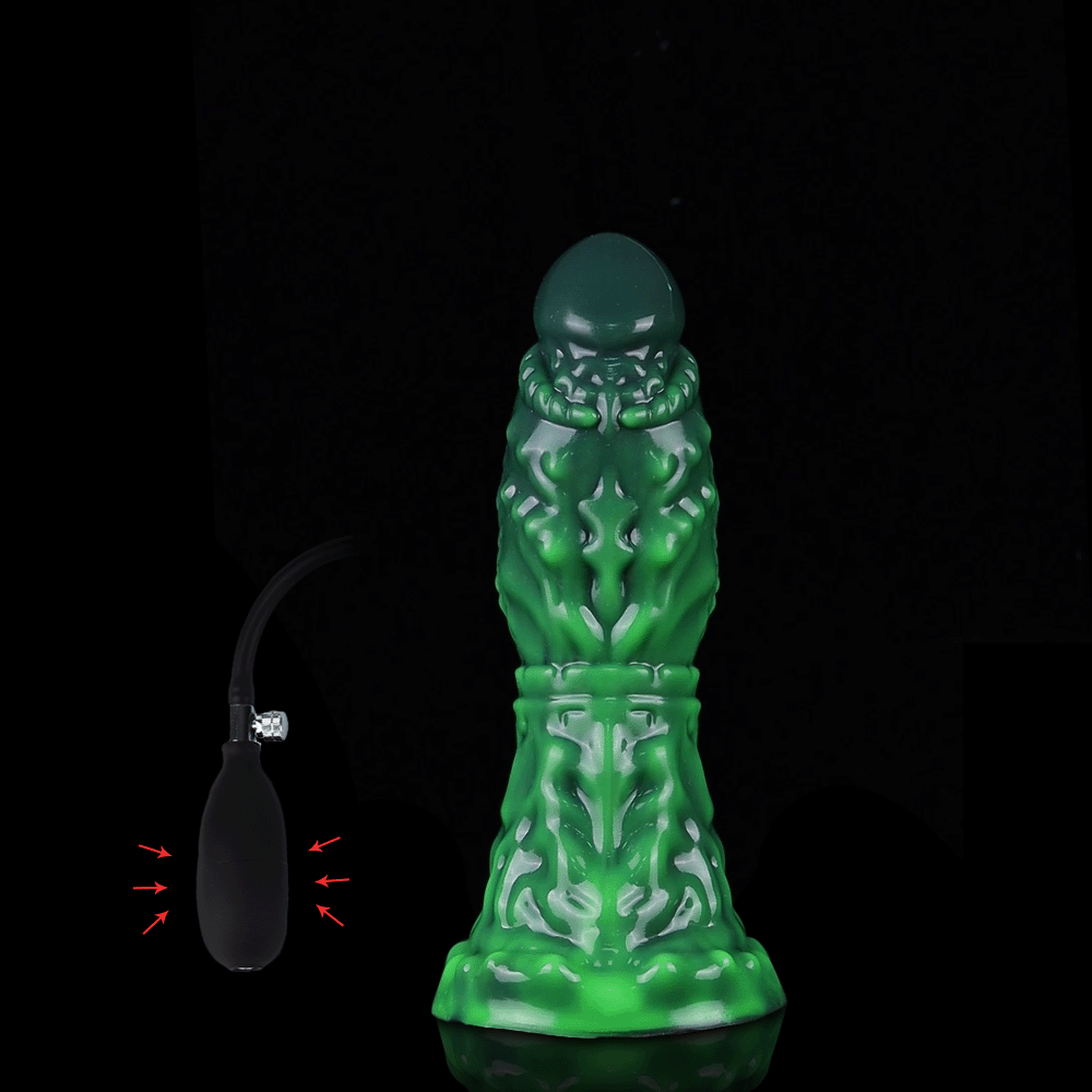 Moon Wood inflatable alien tentacle dildo in dual-tone green, featuring organic monster ridges and a heavy-duty suction cup base on a black background.