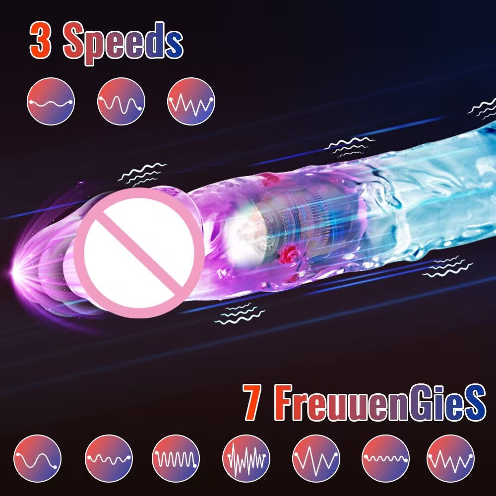Diagram of 3 speeds and 7 vibration frequencies built into the crystal vibrating dildo shaft.